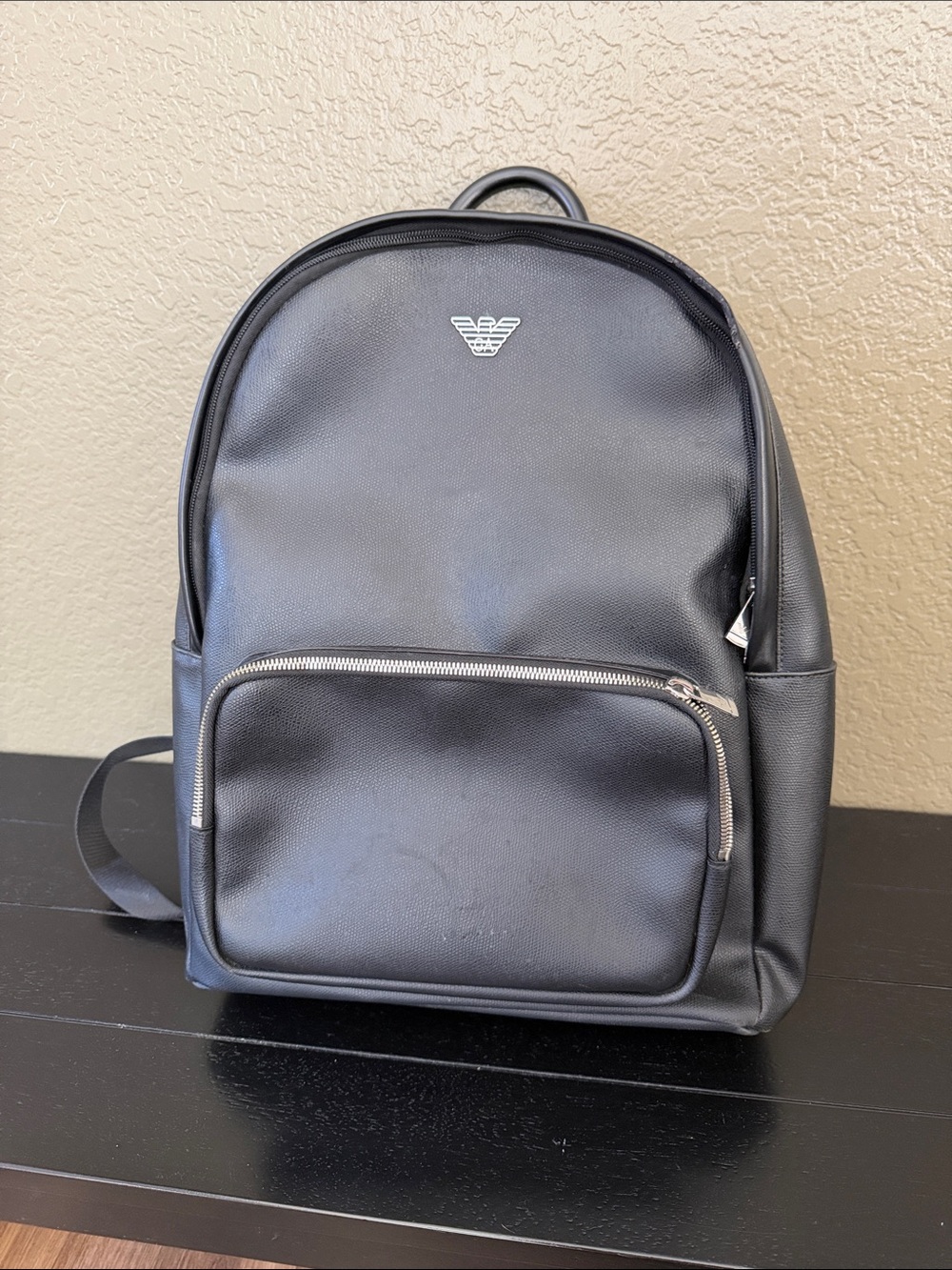 Emporio Armani Black Leather Backpack with Silver Hardware